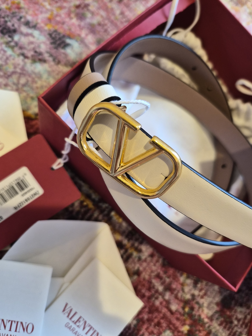 Valentino Garavani White Leather VLogo Belt with Gold Buckle
